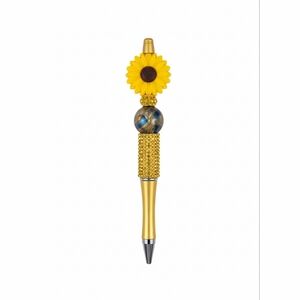 Yellow Sunflower & Gold Rhinestone Beaded Pen • Boho Bling